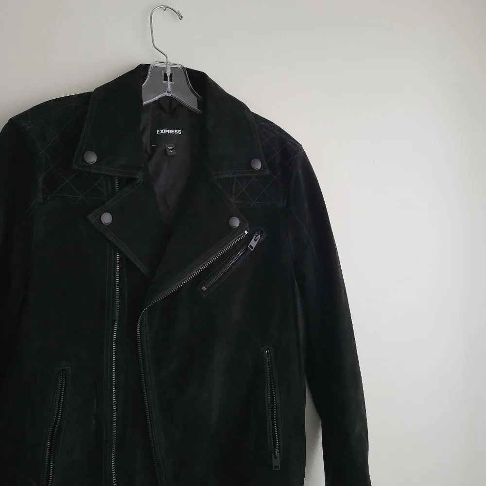 EXPRESS Genuine Black Suede Quilted Biker Bomber Moto Jacket Unisex - Picture 3 of 7
